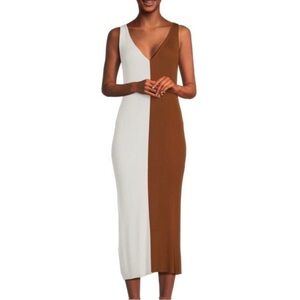 STAUD Dana Ribbed White and Brown Midi Dress